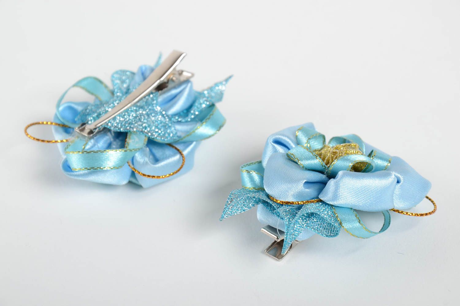 Blue handmade hair clips set of flower hair clips stylish accessories 2 pieces photo 2
