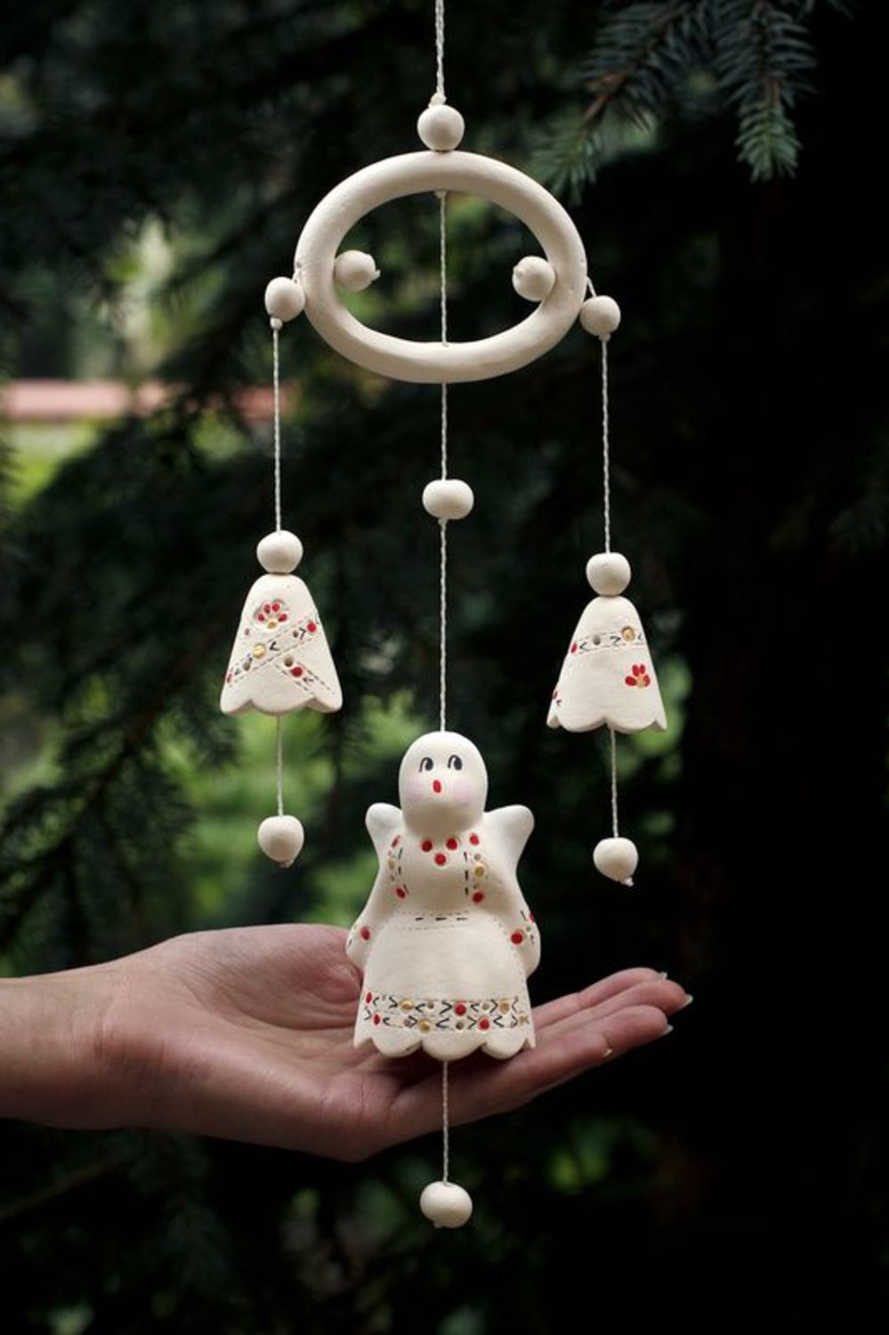Ceramic hanging bells with an angel, red photo 4