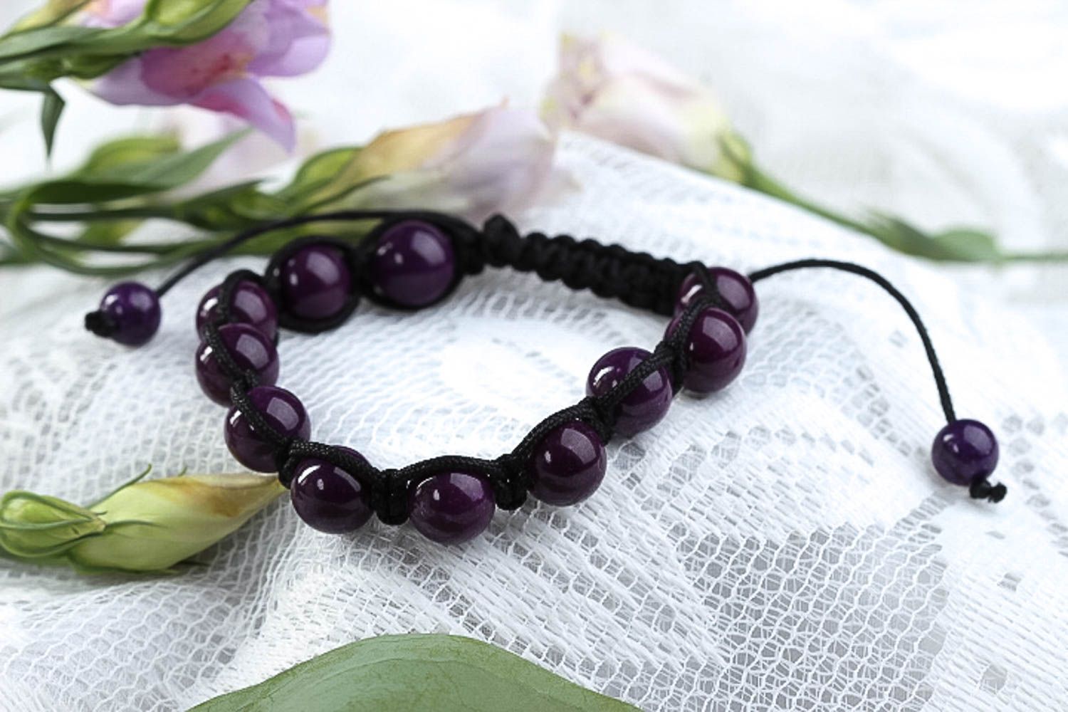 Bracelet violet Bijou fait main tressé perles charoïte cordon Cadeau femme photo 1