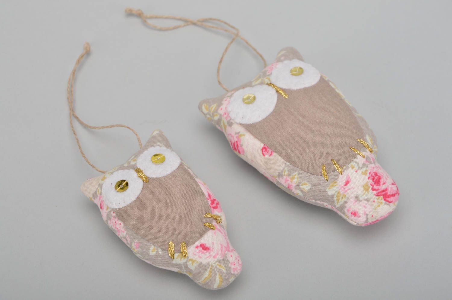 Set of 2 handmade decorative fabric wall hangings soft toys owls for interior photo 2