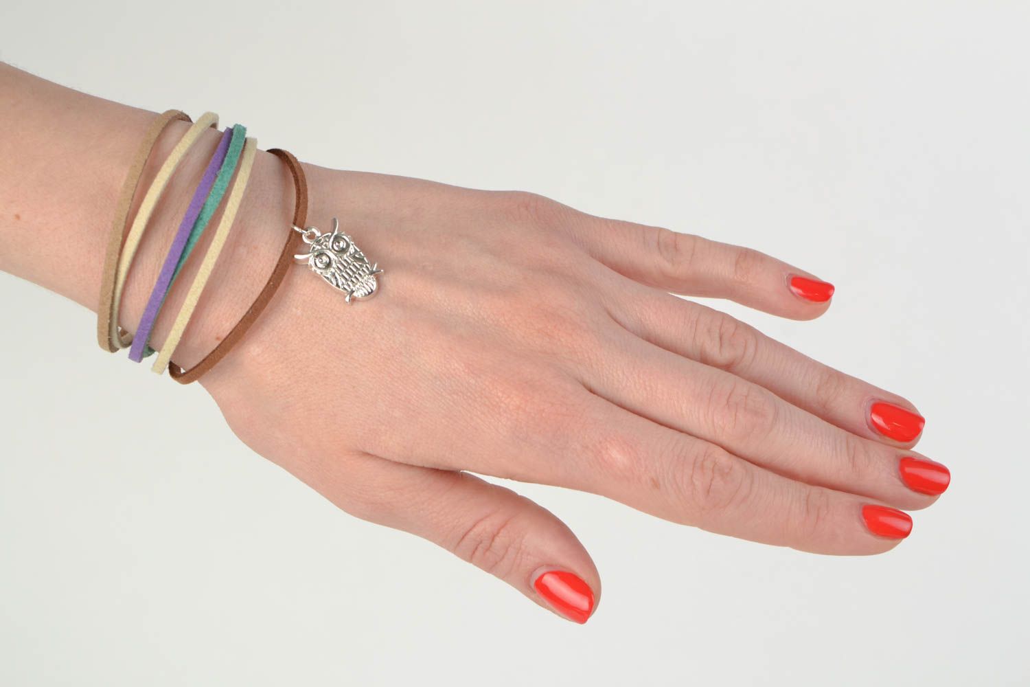 Handmade colorful multi row suede cord wrist bracelet with metal charm Owl photo 2