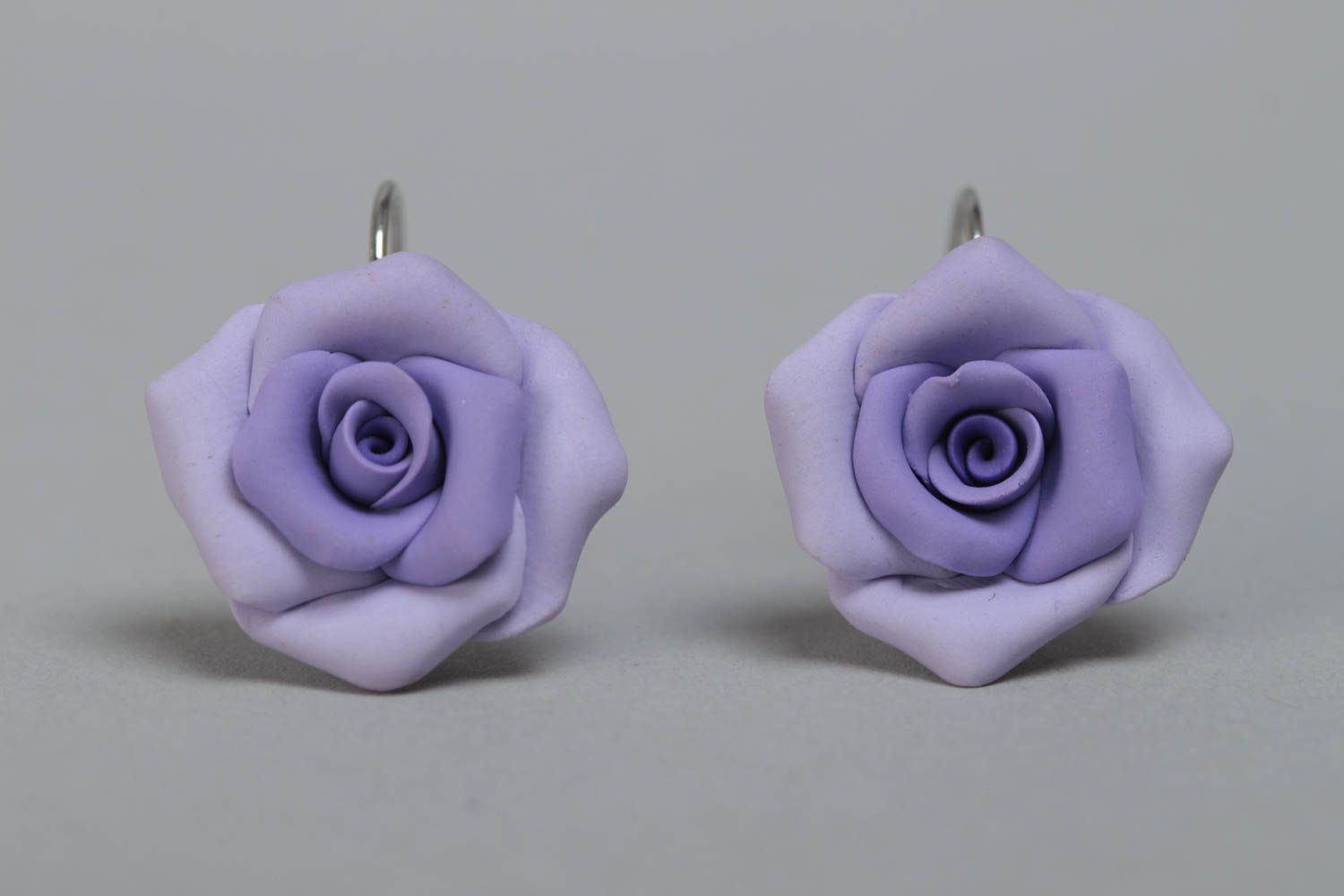 Handmade stylish dangle earrings with tender violet polymer clay rose flowers photo 3