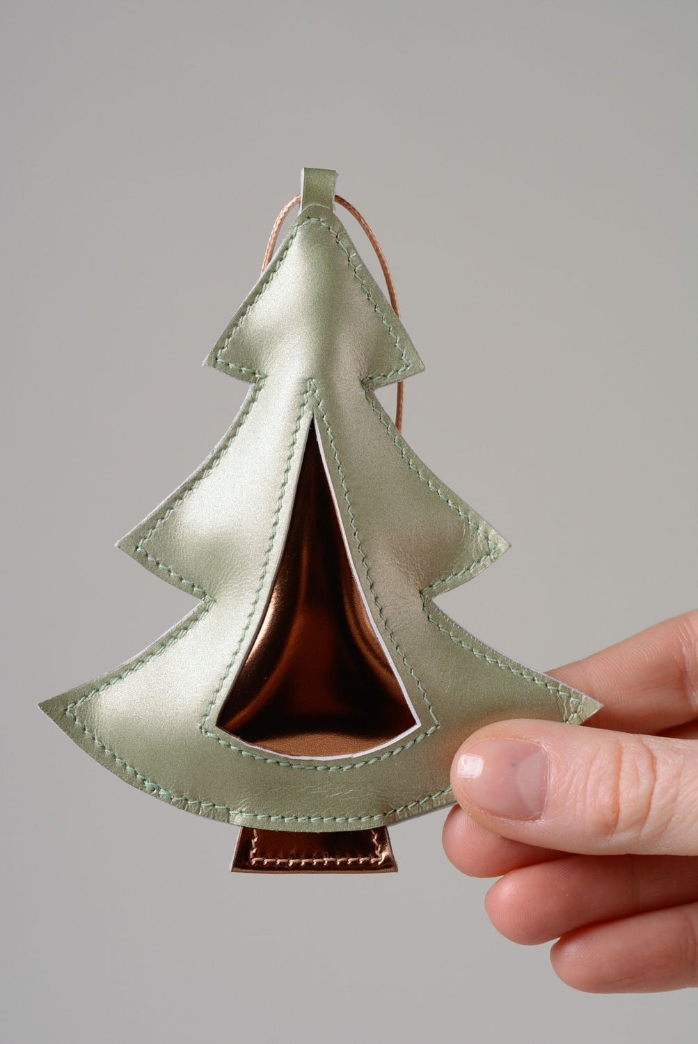 Beautiful unusual handmade genuine leather keychain in the shape of fir-tree photo 3