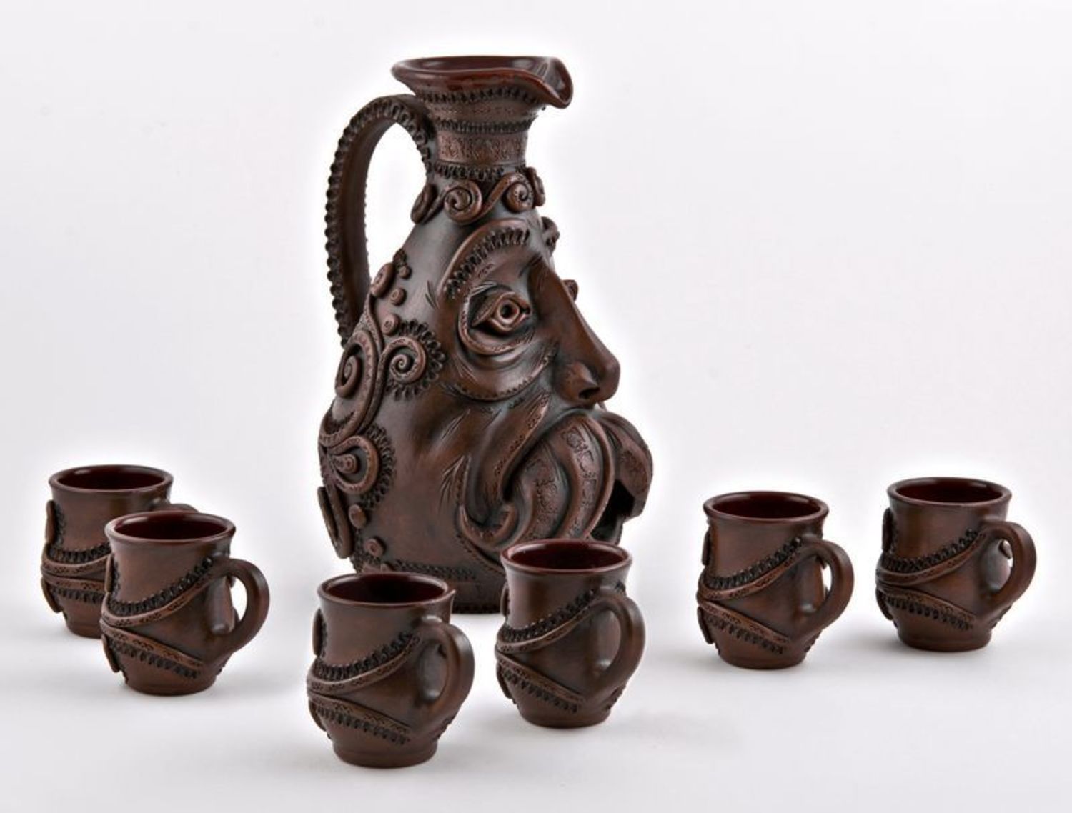 UNIQUE 13 inches tall handmade ceramic wine carafe in the shape of Ukrainian Cossack with 6 goblets 9,5 lb photo 4