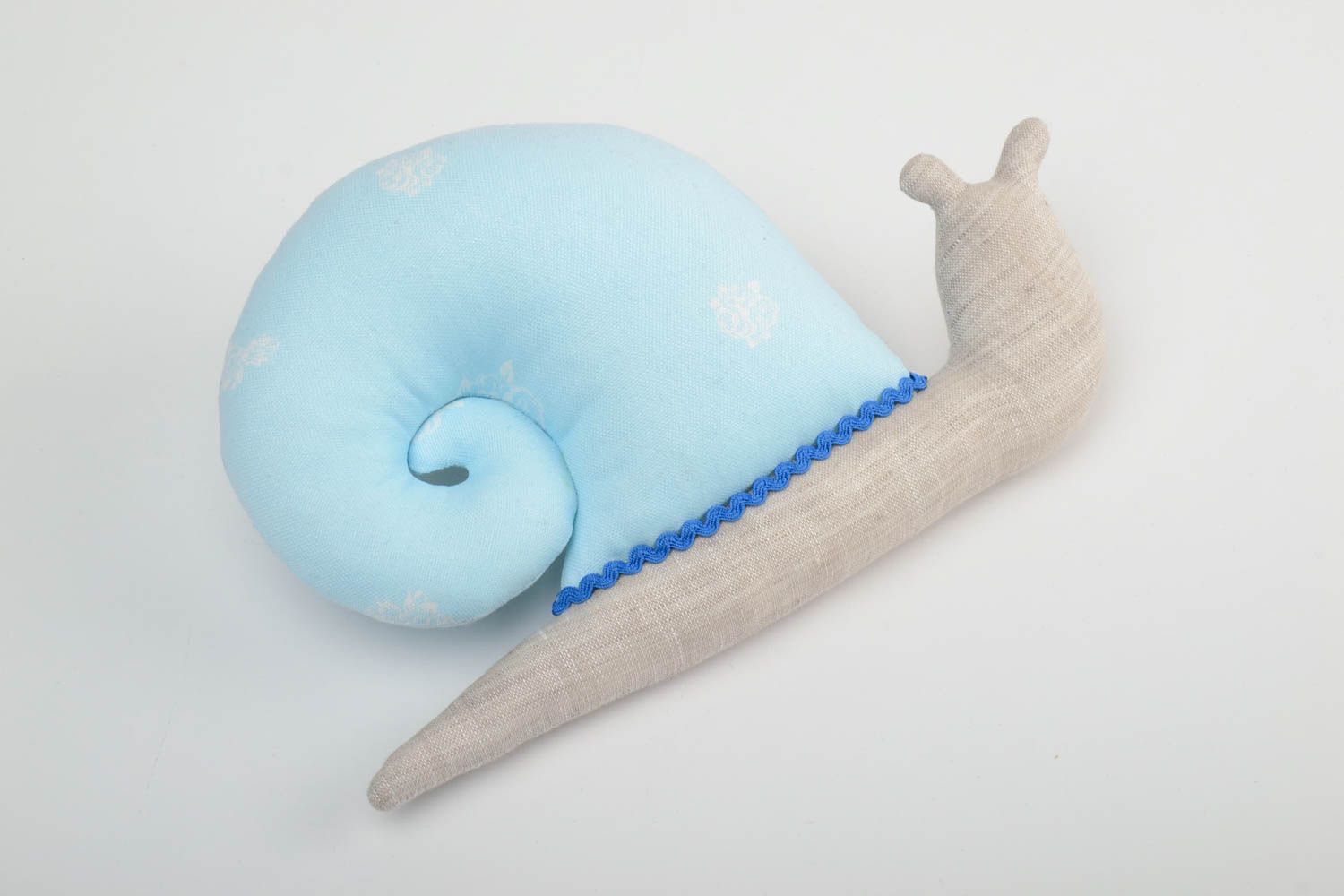 Blue handmade cotton fabric soft toy snail for interior and children photo 4