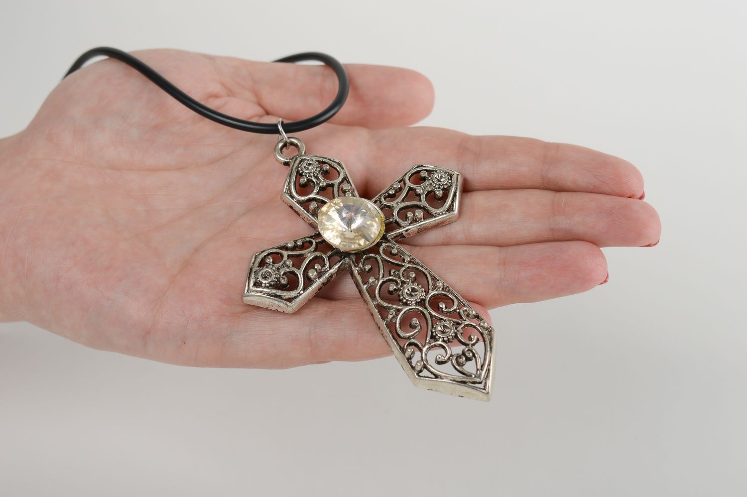 Handmade pectoral cross pendant metal cross with a rhinestone unusual women gift photo 5