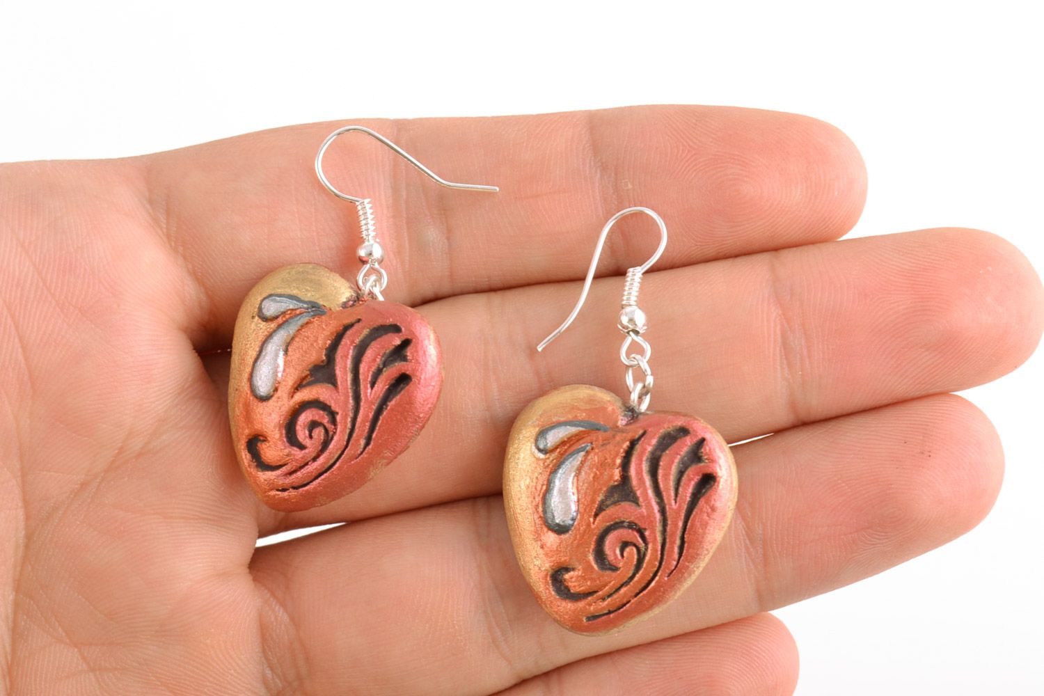 Heart shaped handmade clay earrings painted with acrylics photo 2