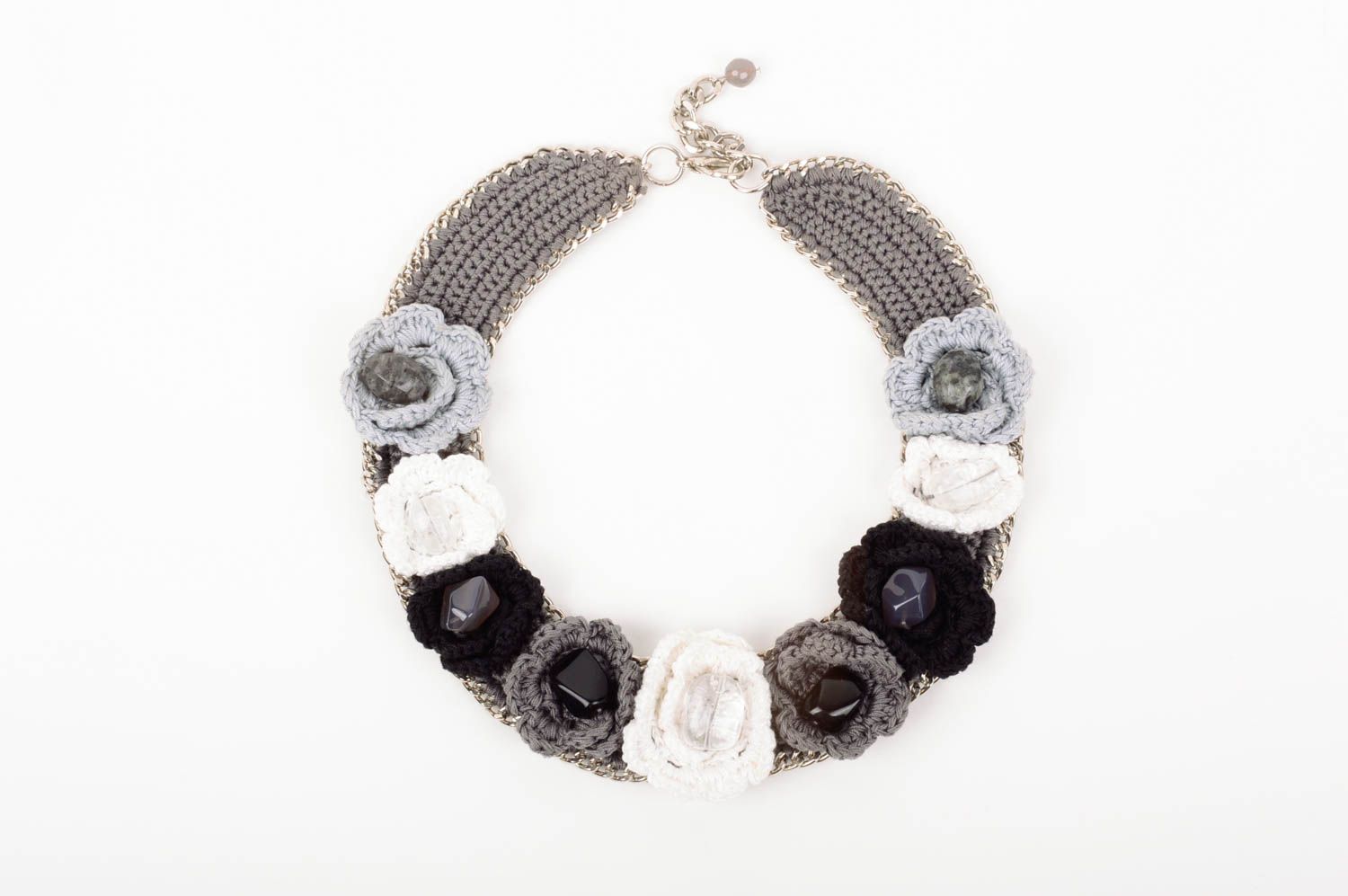 Massive grey necklace crocheted stylish necklace cute unusual accessory photo 1