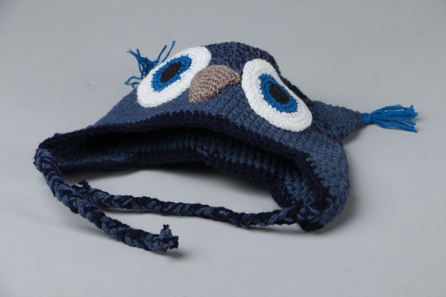 Bonnet hibou tricot au crochet bleu fait main photo 2