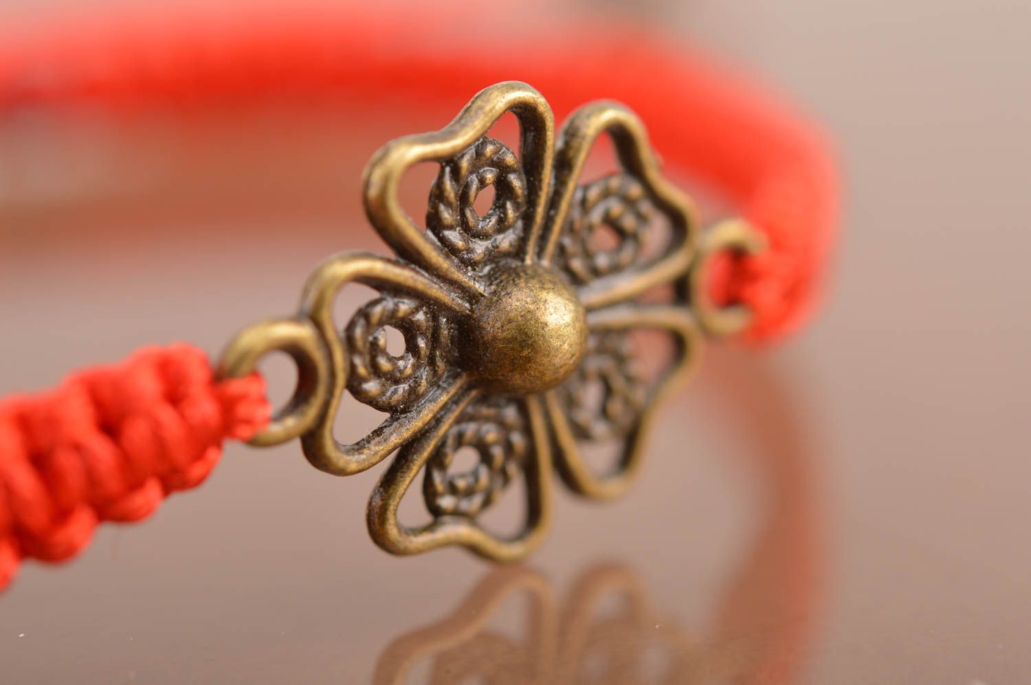 Handmade cute red bracelet made of silk threads on strings for every day photo 5