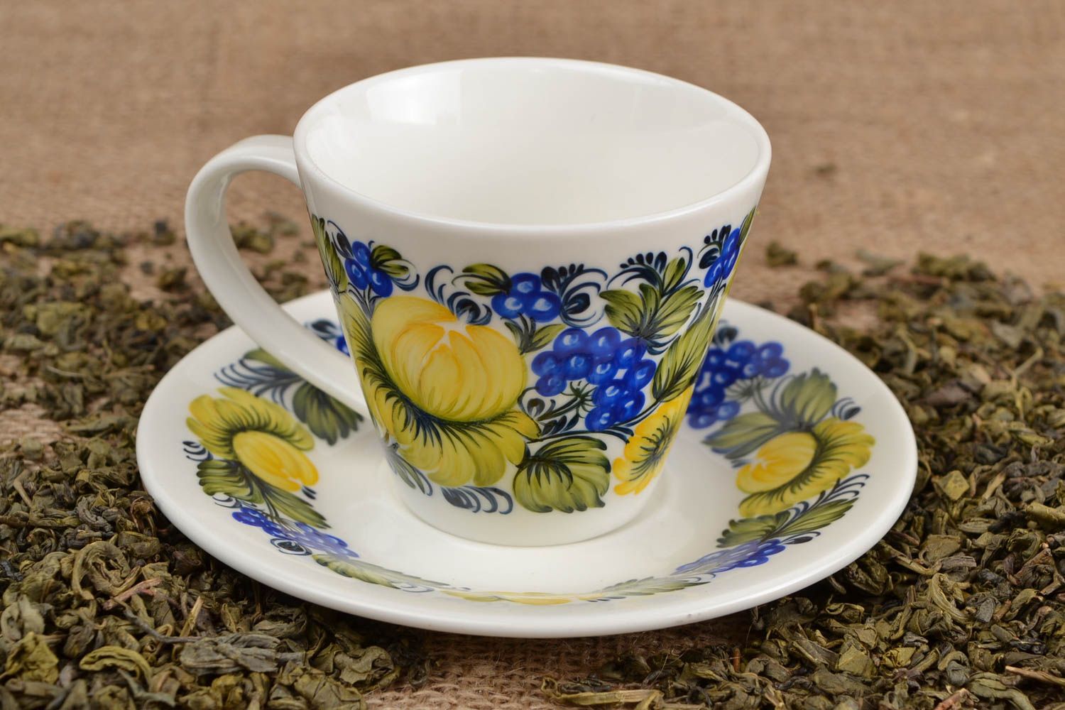 Porcelain white 5 oz coffee cup with saucer and yellow, blue floral pattern photo 1
