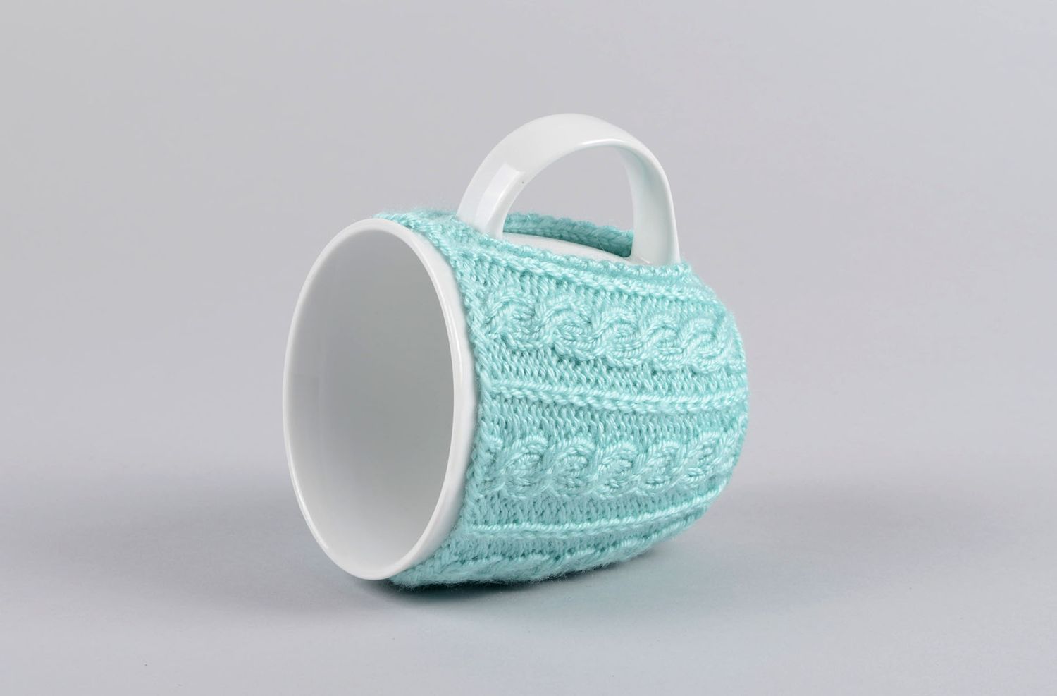 White teacup with handle and knitted cover in any color photo 4