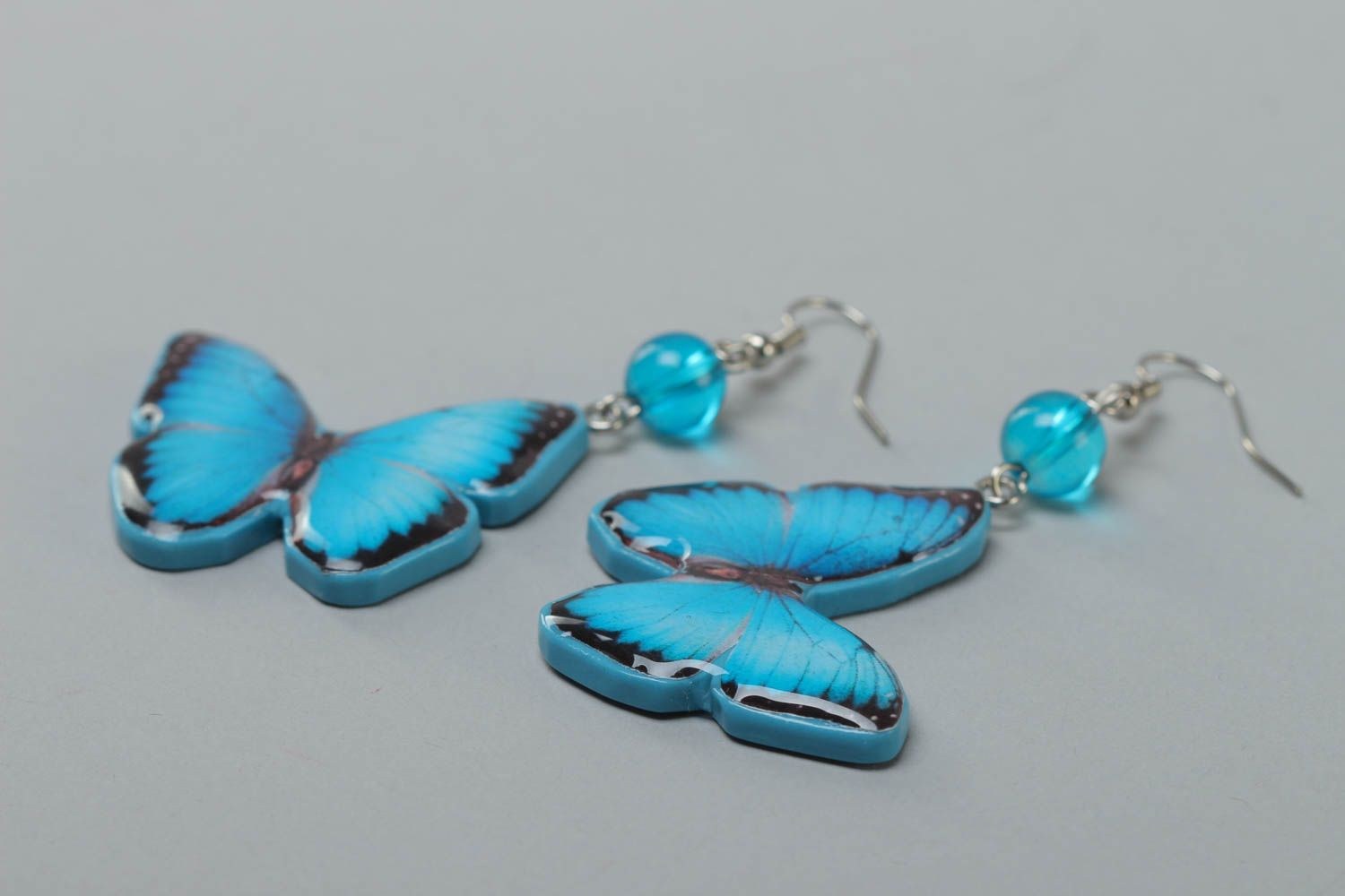 Unusual bright blue handmade polymer clay earrings in the shape of butterflies for summer photo 3
