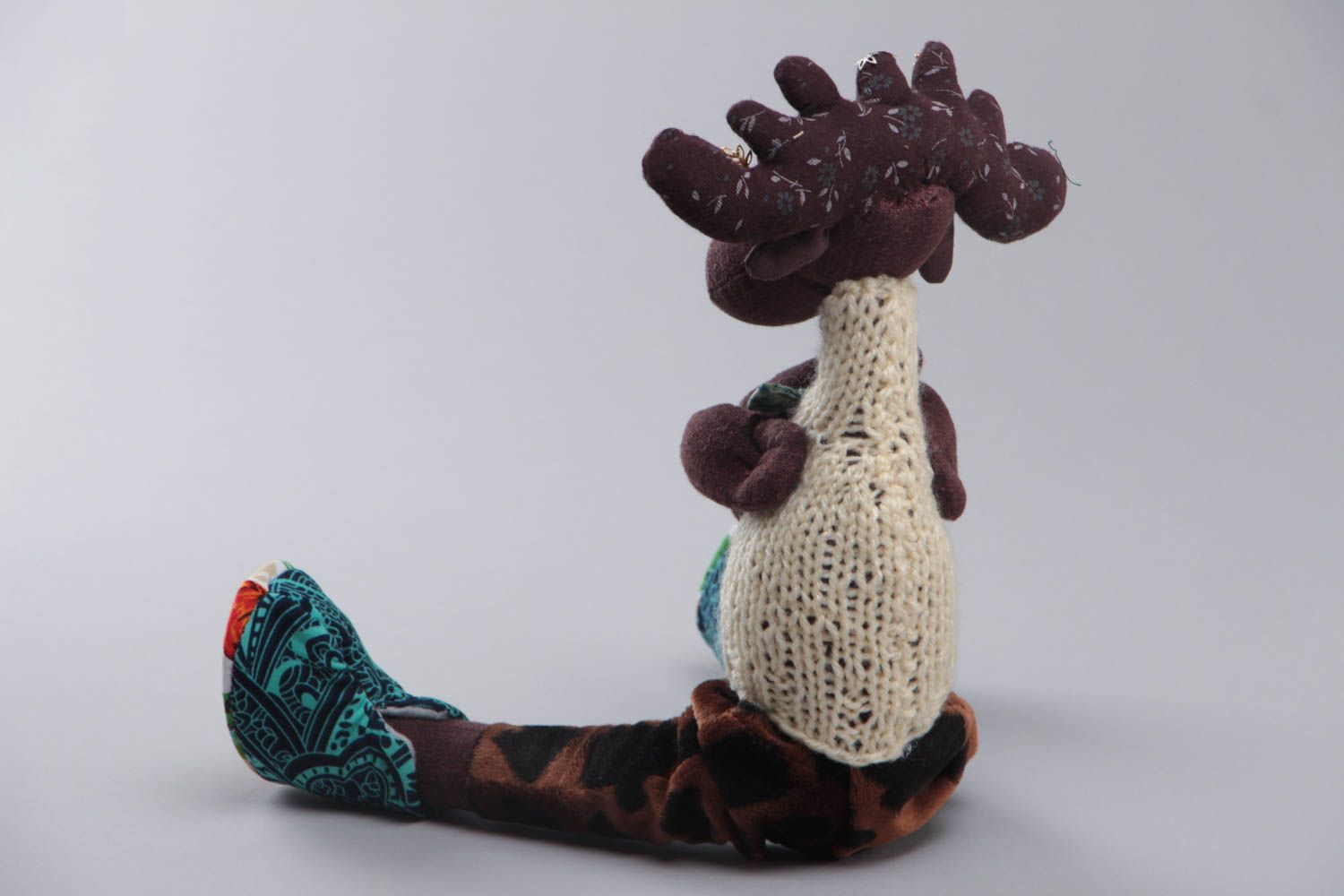 Handmade designer fabric soft toy Elk in knit vest and trousers with animal print photo 4