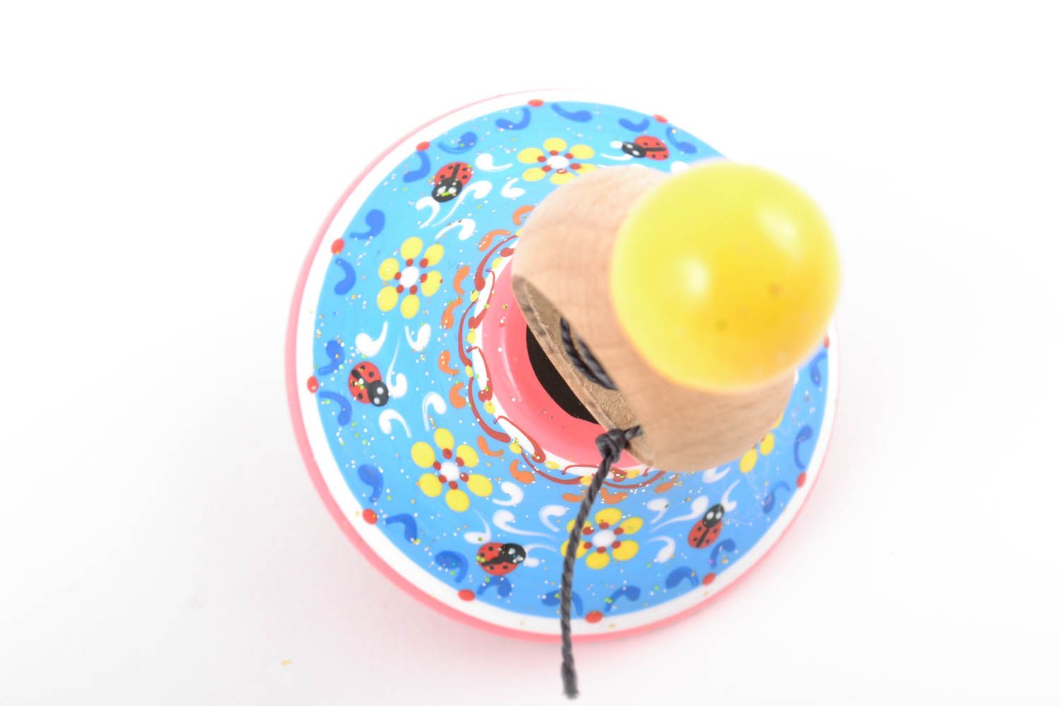 Handmade funny bright blue and pink painted wooden eco toy spinning top for kids photo 3