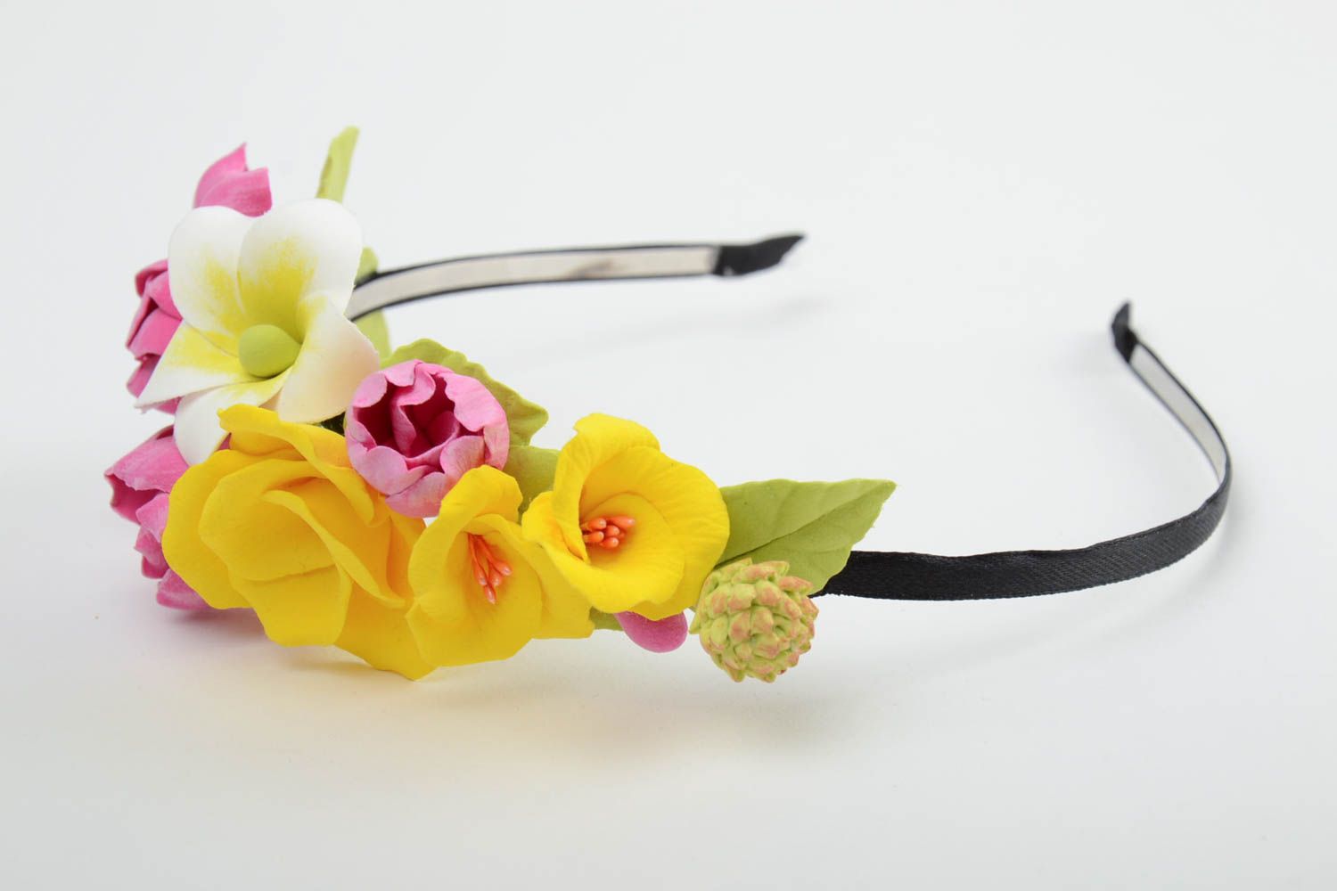 Handmade tender decorative thin headband with colorful polymer clay flowers photo 4