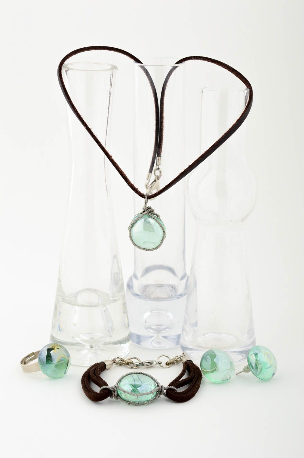 Stylish handmade glass jewelry set glass earrings pendant ring bracelet designs photo 1