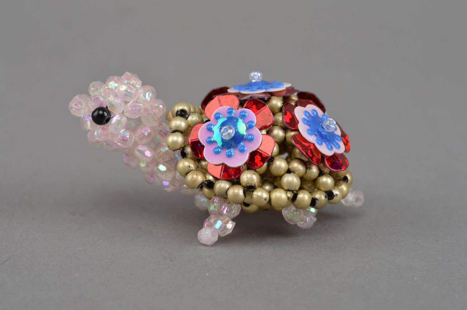 Handmade designer miniature bead woven figurine of turtle with flowers on armor photo 2