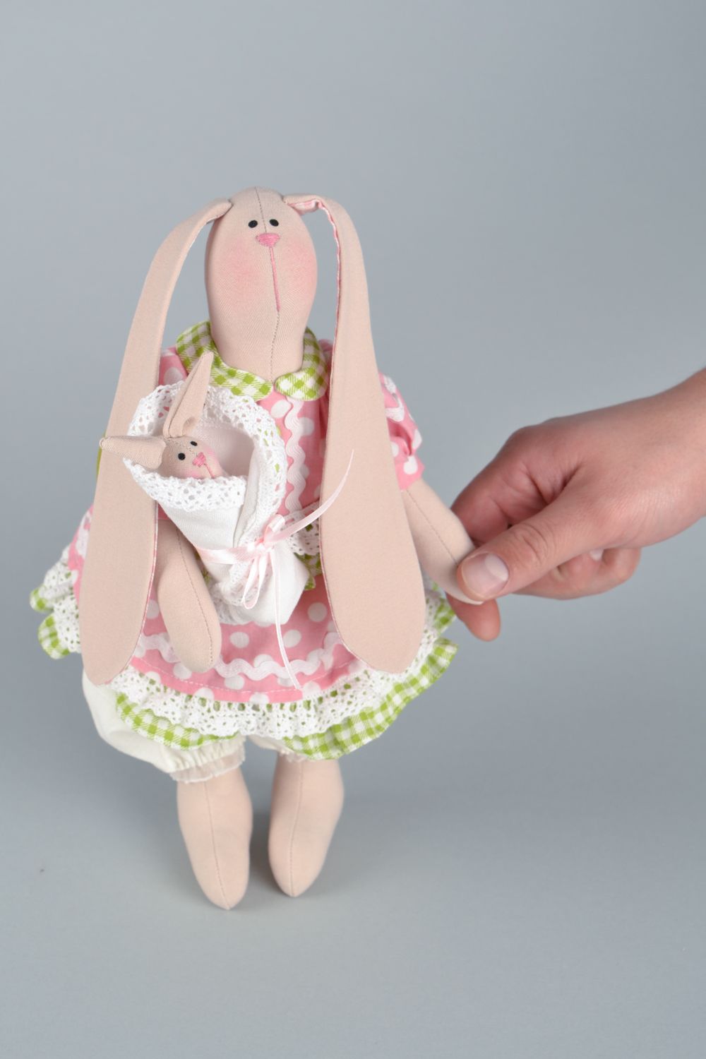 Designer fabric toy hare with baby photo 2