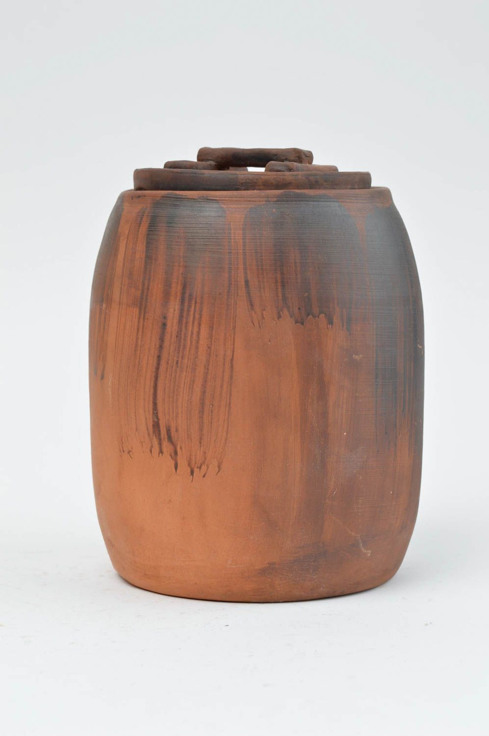 Pot à céréales en céramique en forme de baril avec couvercle marron fait main photo 2