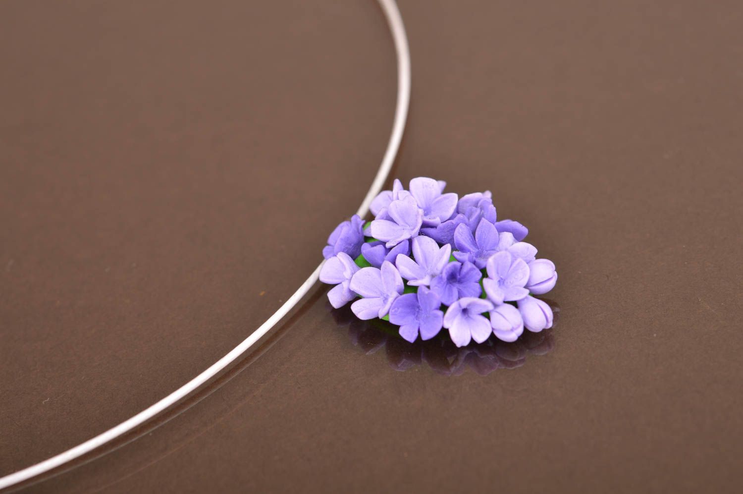 Handmade designer necklace with polymer clay tender lilac flowers pendant photo 5