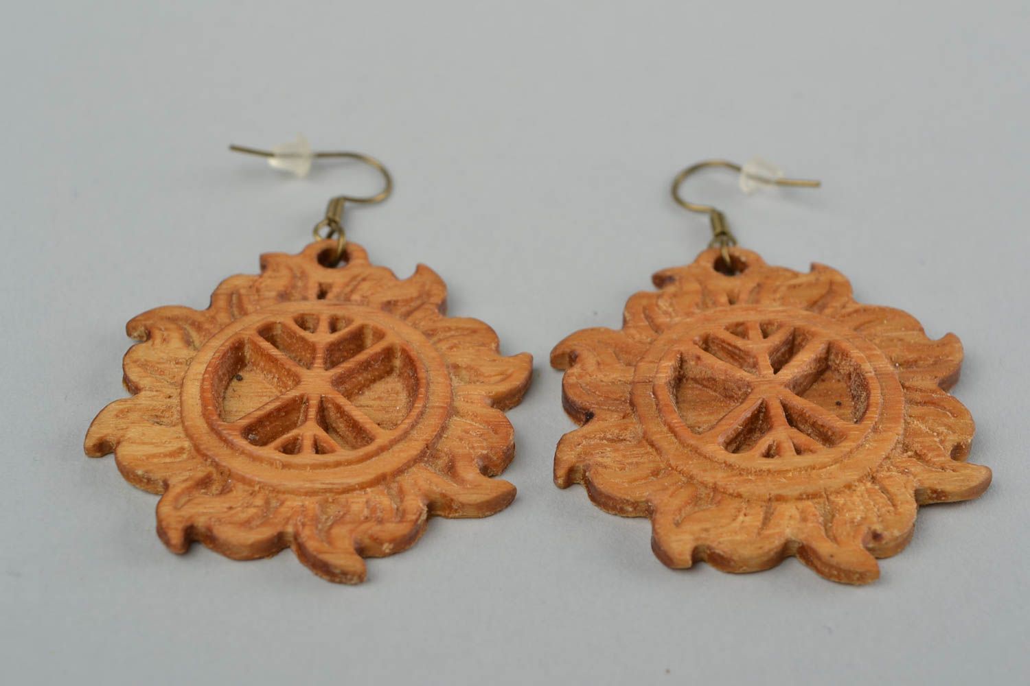 Handmade wooden dangle earrings with ancient Slavic symbol Tree of Life in Sun photo 4