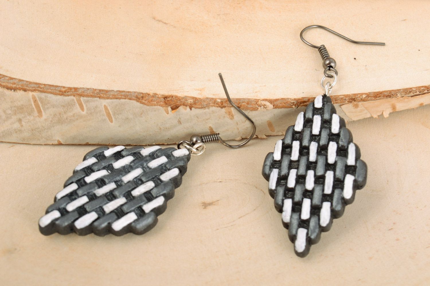 Gray and white unusual handmade clay dangle earrings in the shape of rhombus photo 1