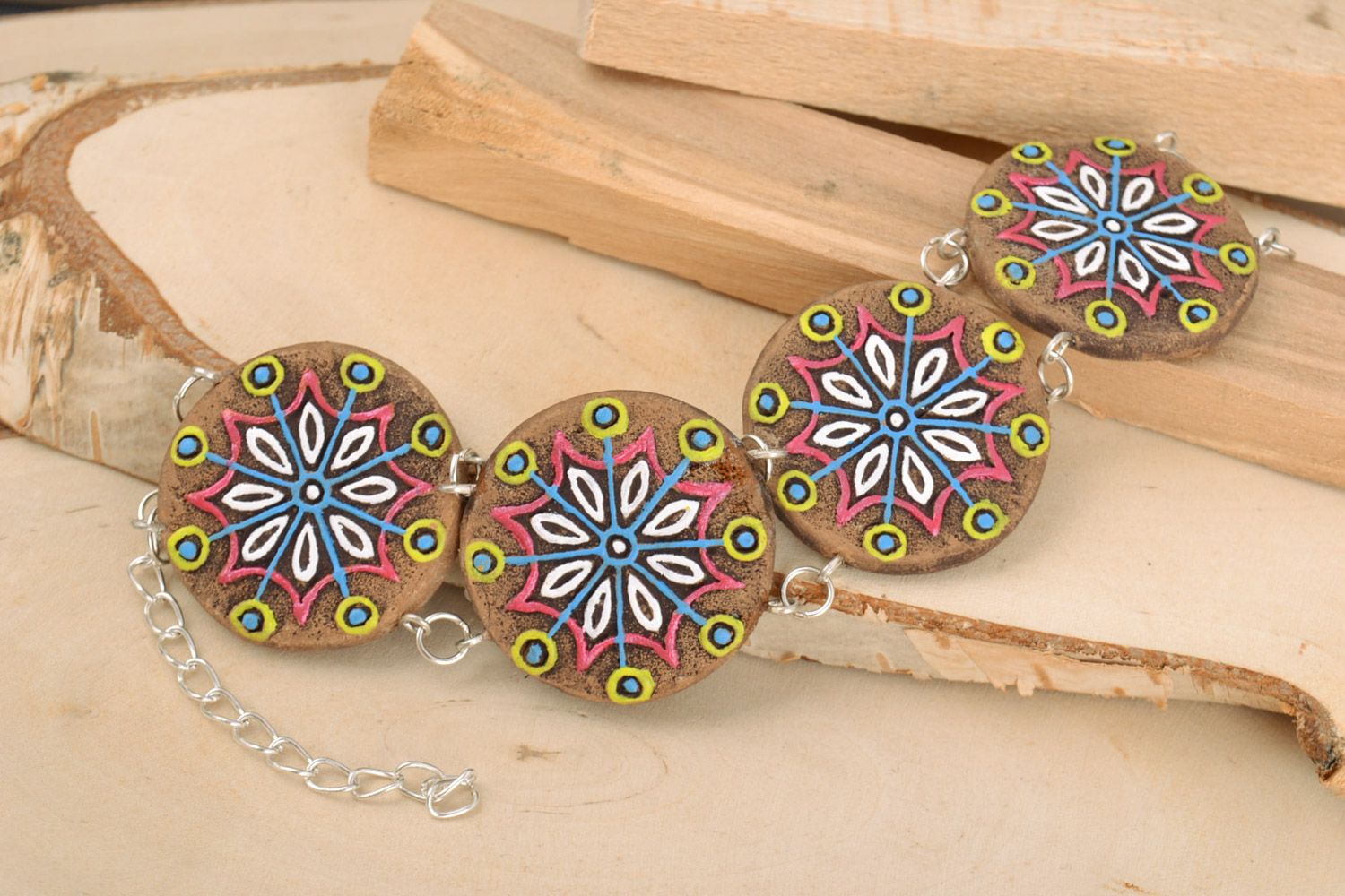 Handmade bright ceramic bead wrist bracelet on chain with acrylic painting photo 1