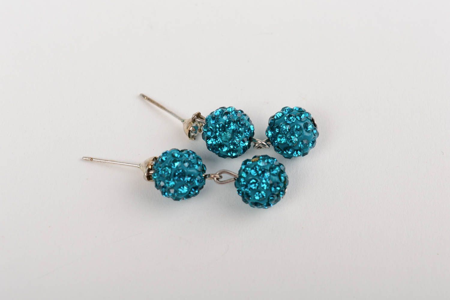 Handmade stylish beautiful small blue ball earrings with charms photo 3