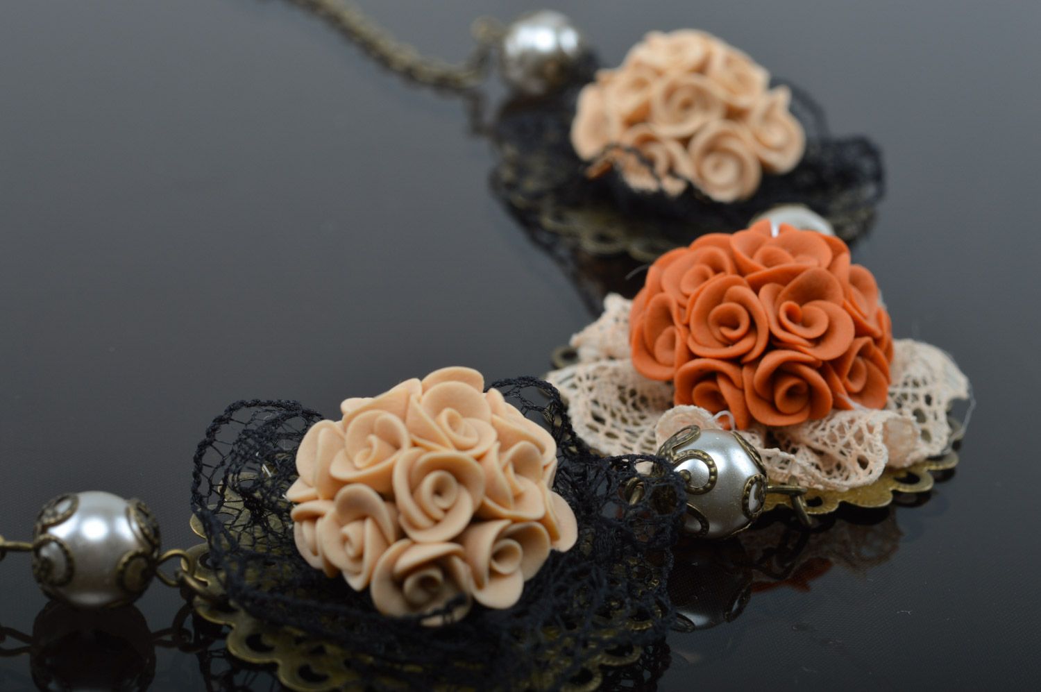 Handmade volume polymer clay flower necklace with lace and beads in antique style photo 2