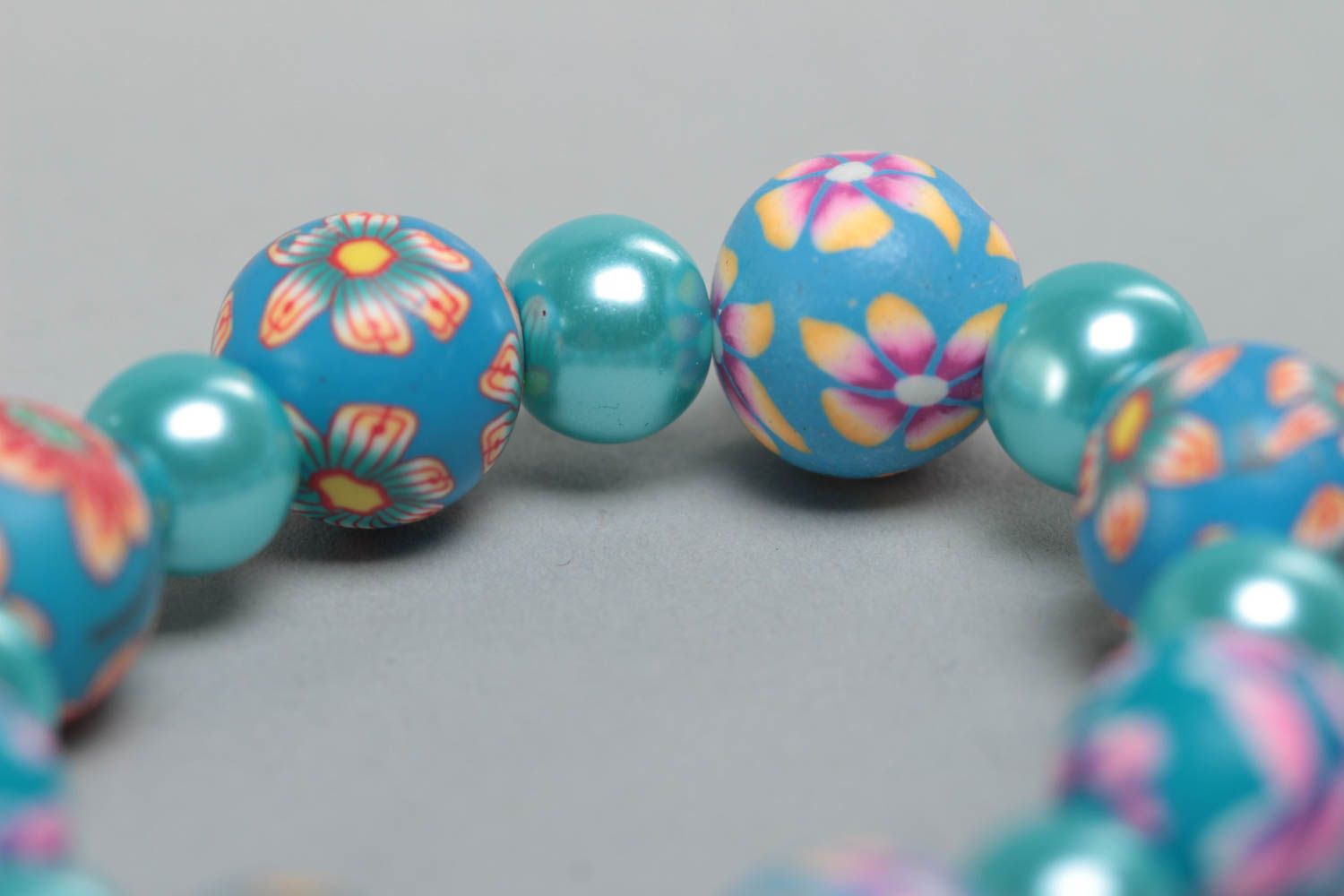 Nice blue handmade children's polymer clay wrist bracelet with beads photo 4