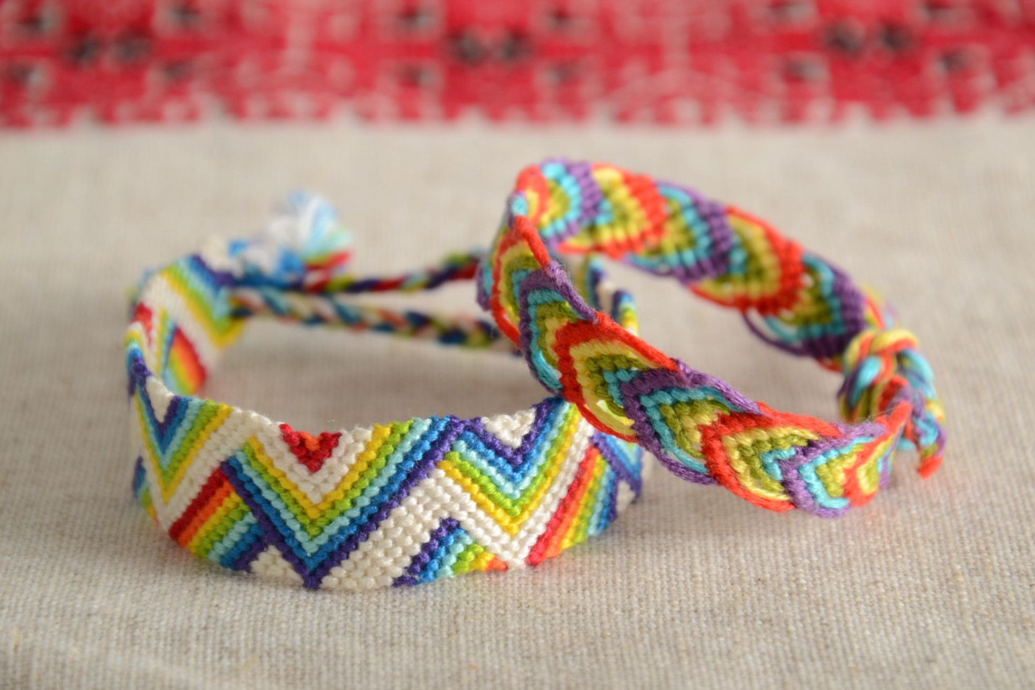 Set of 2 handmade friendship wrist bracelets woven of colorful embroidery floss photo 1