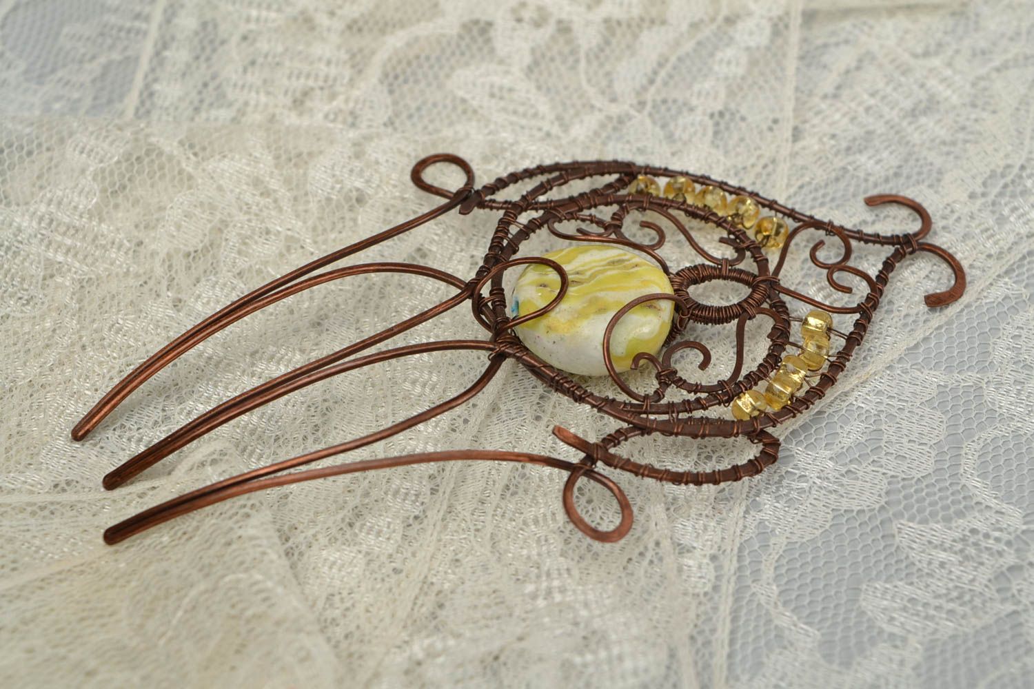 Handmade wire wrap hair comb with polymer clay bead designer accessory photo 1