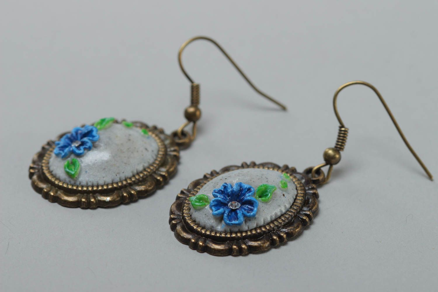 A set of handcrafted oval vintage earrings made of glass glaze with bluettes prints photo 3
