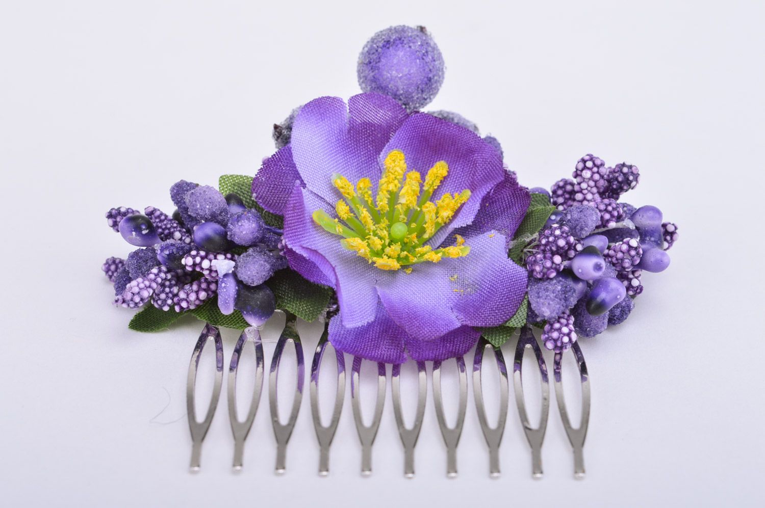 Handmade decorative hair comb with metal basis and violet flowers and berries photo 2