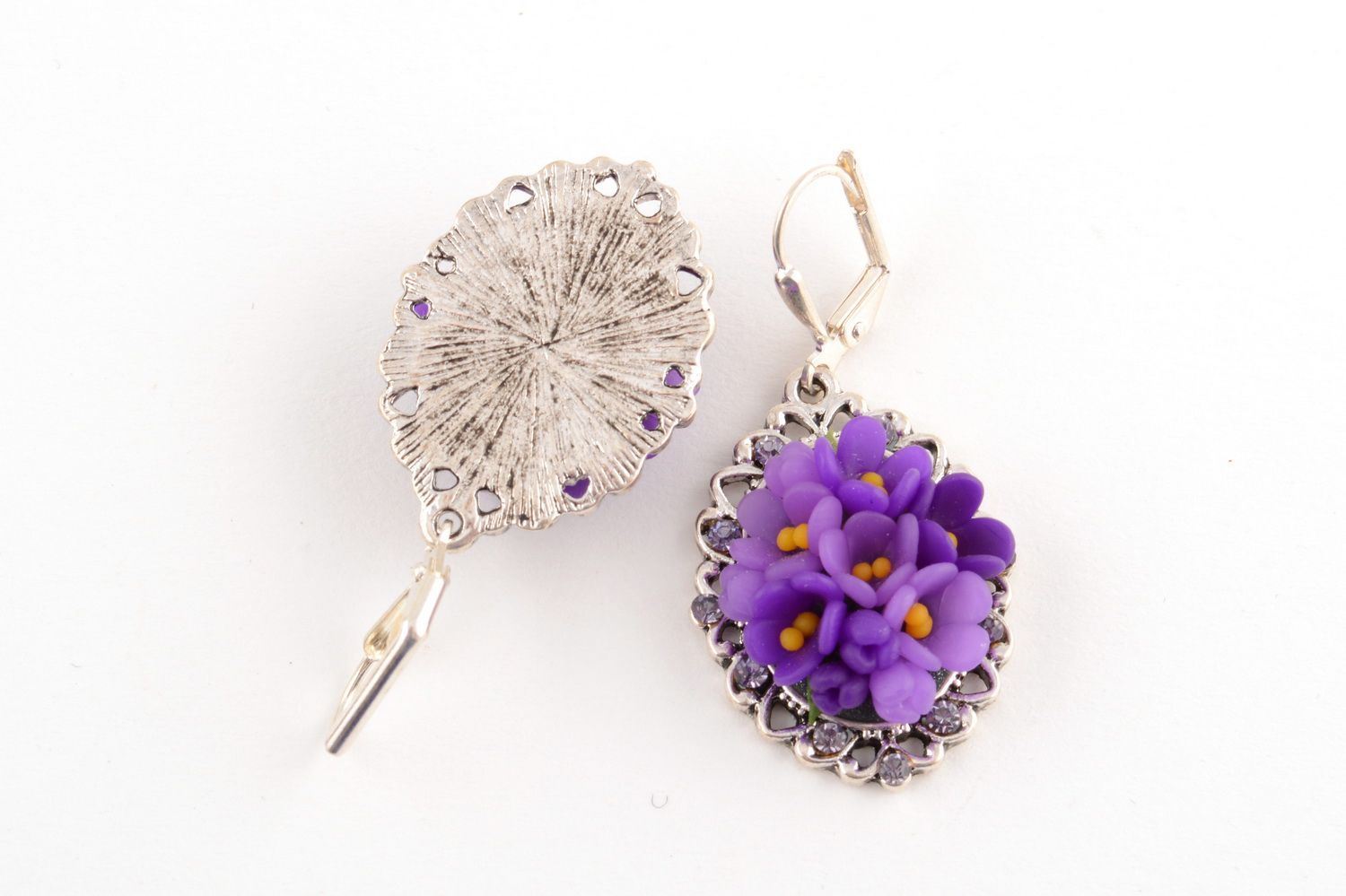 Festive handmade violet cute stylish flower earrings made of polymer clay photo 4