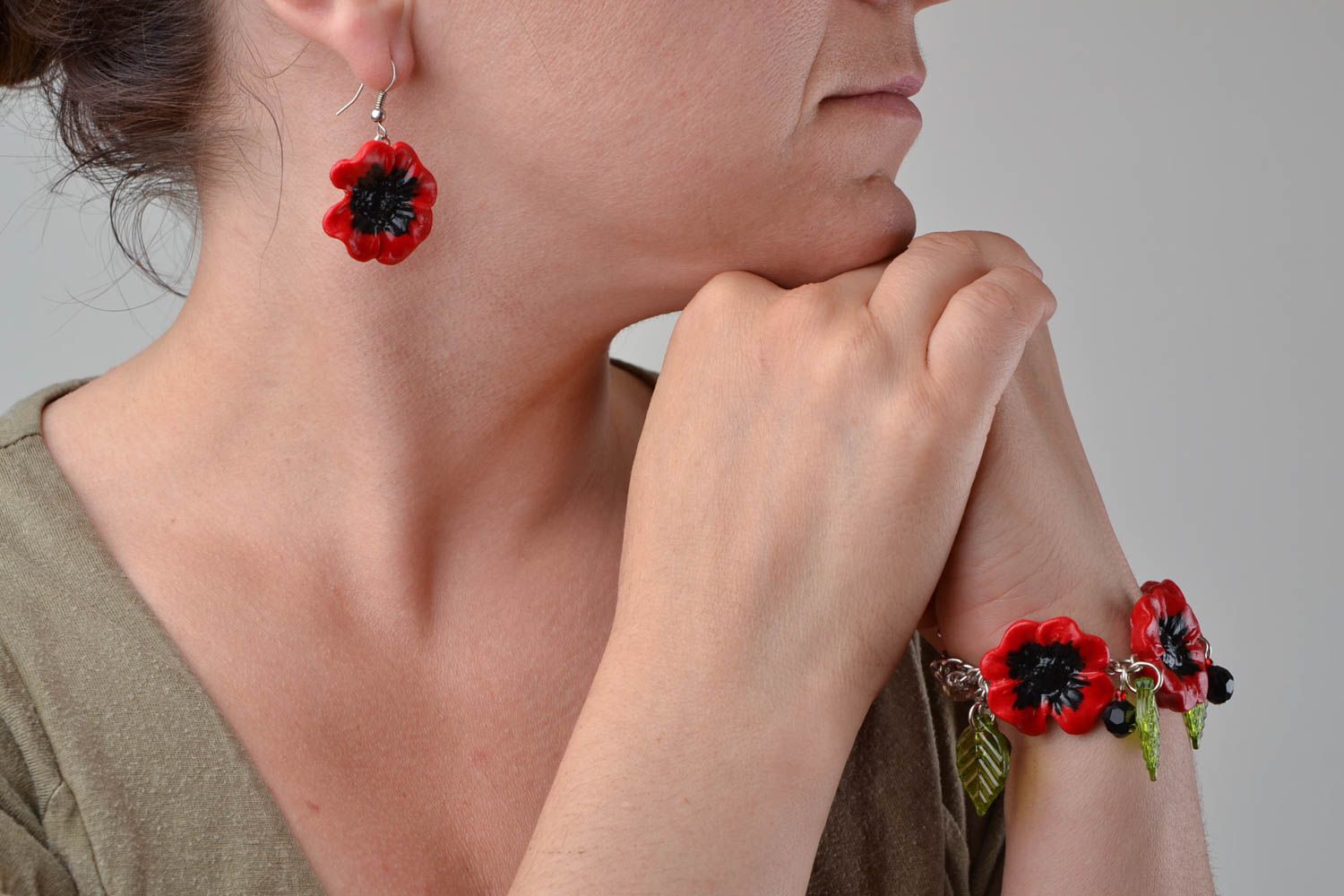 Handmade decoupage jewelry set polymer clay flower earrings and bracelet photo 2