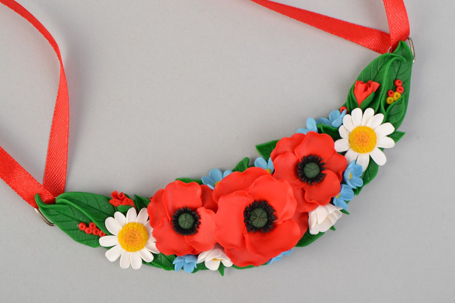 Festive handmade polymer clay colorful floral necklace on red satin ribbon photo 3