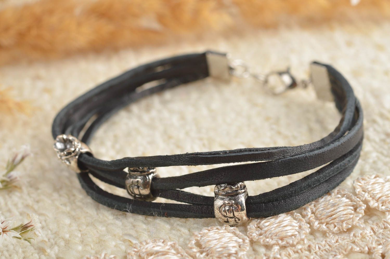 Handmade leather bracelet wrist bracelet black bracelets for women cool gifts photo 1