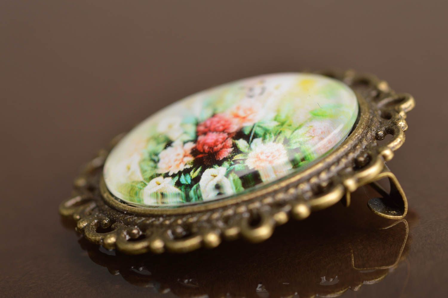 Broche vintage en métal avec cabochon ovale faite main Jardin de fleurs photo 4