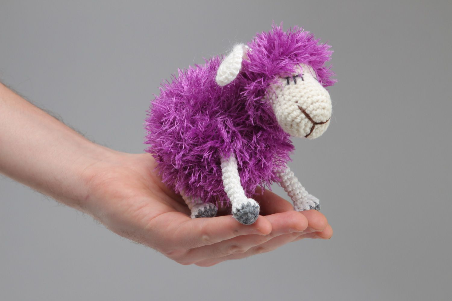 Handmade cute soft toy violet fluffy lamb crocheted of woolen threads photo 4
