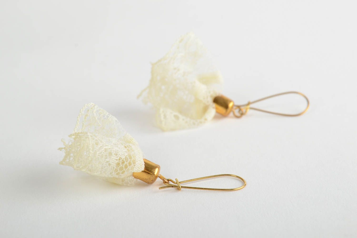 Handmade light festive lace dangling earrings with golden colored ear wires photo 5