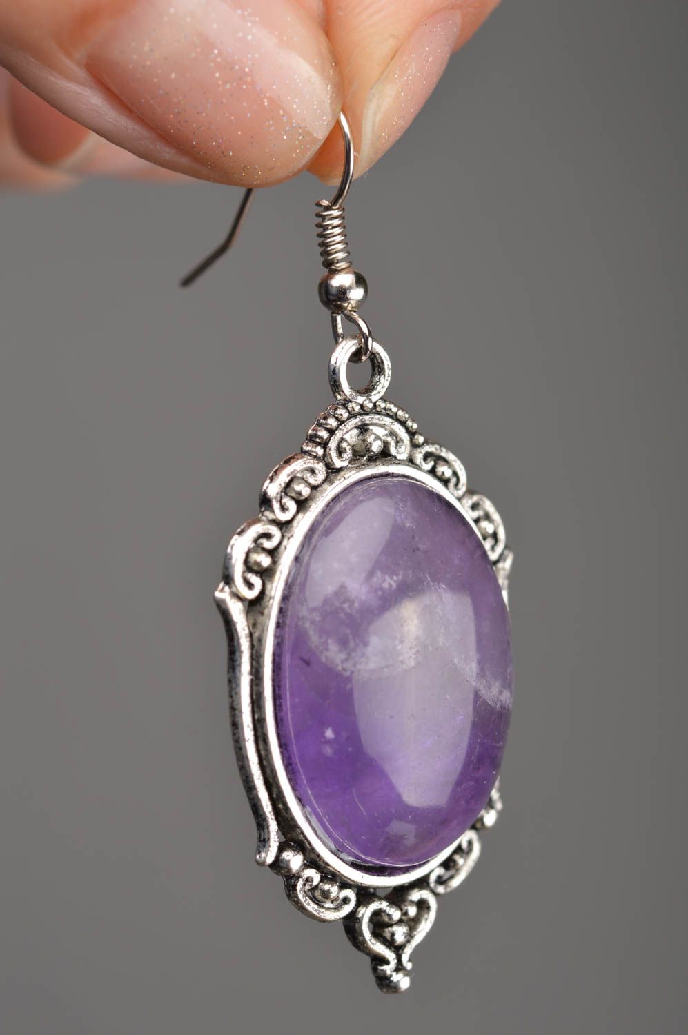 Handmade designer violet oval metal earrings with stone in vintage style photo 3
