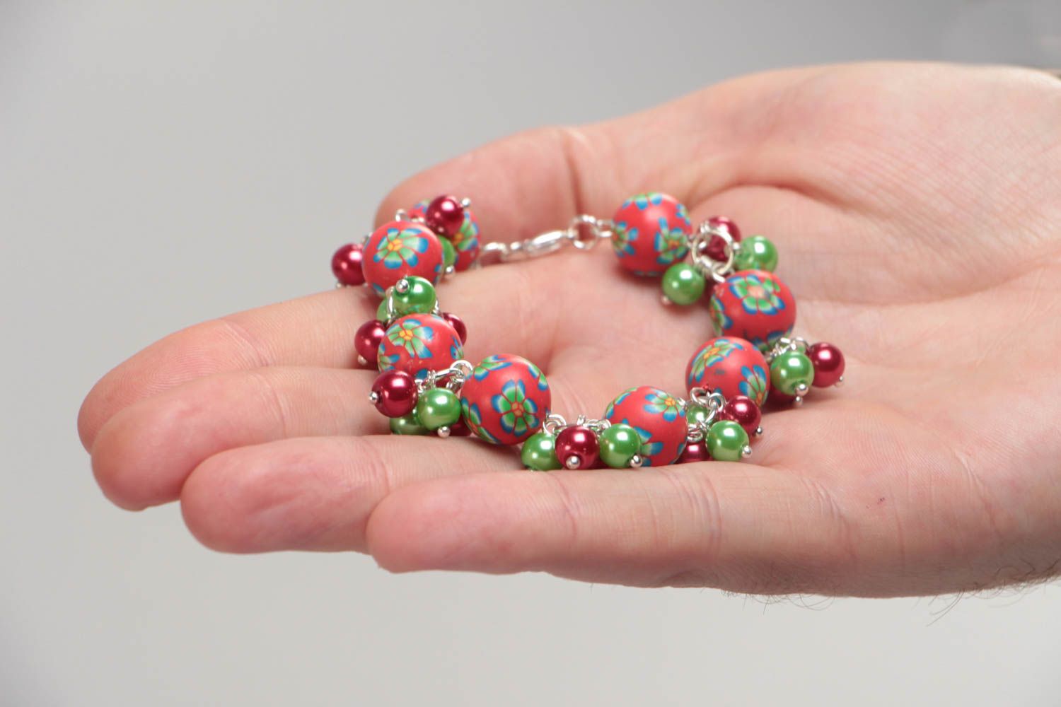 Small handmade children's polymer clay bracelet with ceramic beads on chain photo 5