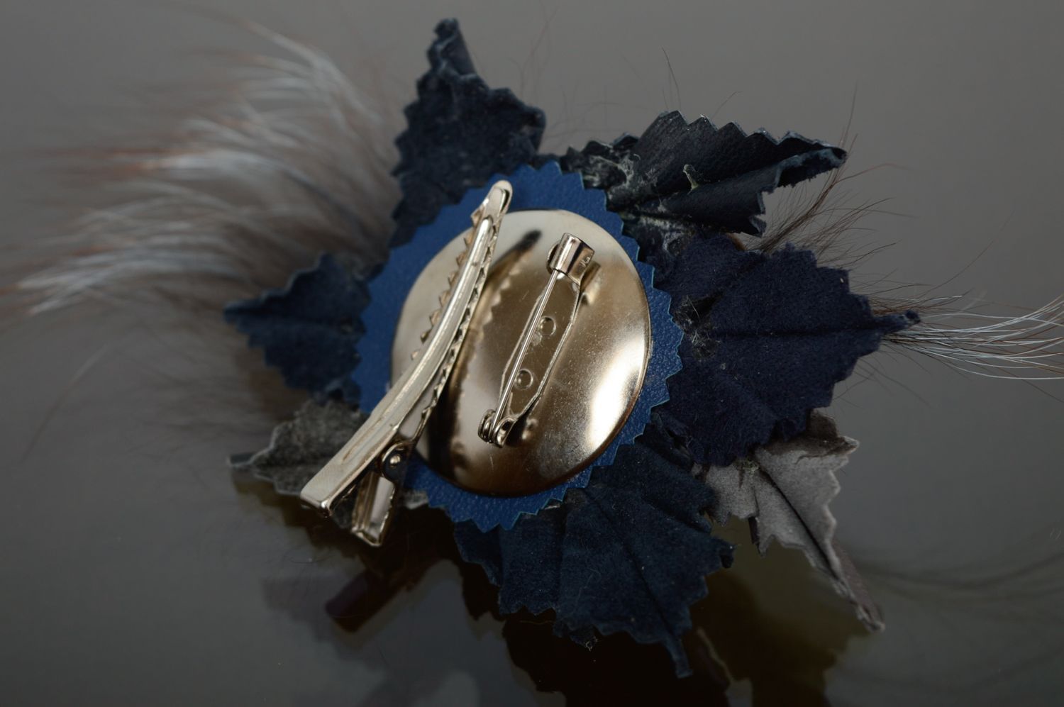 Gray fur and leather flower brooch-hair clip photo 4