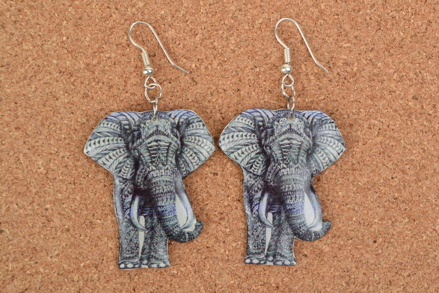 Unusual handmade decoupage plastic earrings in the shape of elephants photo 1