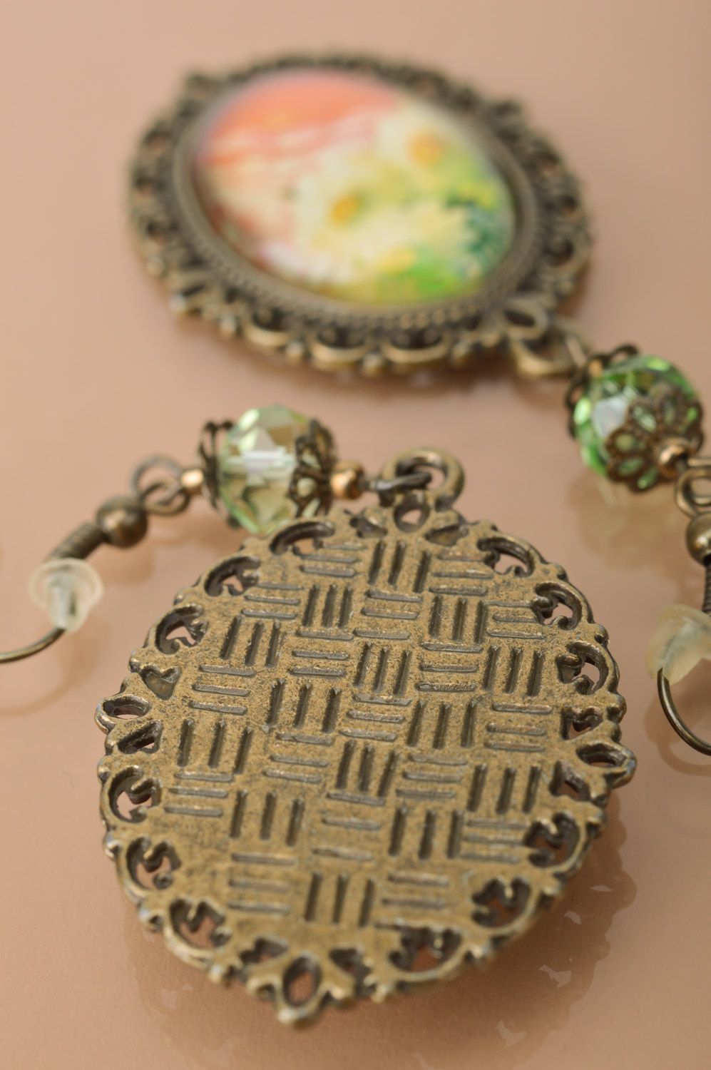 Handmade long oval vintage earrings in metal frame  photo 5