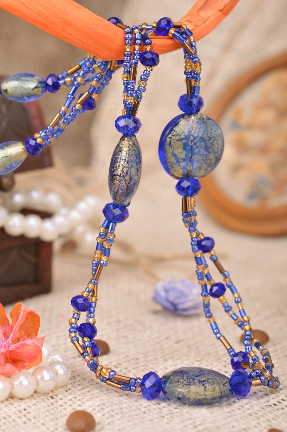 Handmade designer women's necklace with beads blue and golden festive stylish photo 1