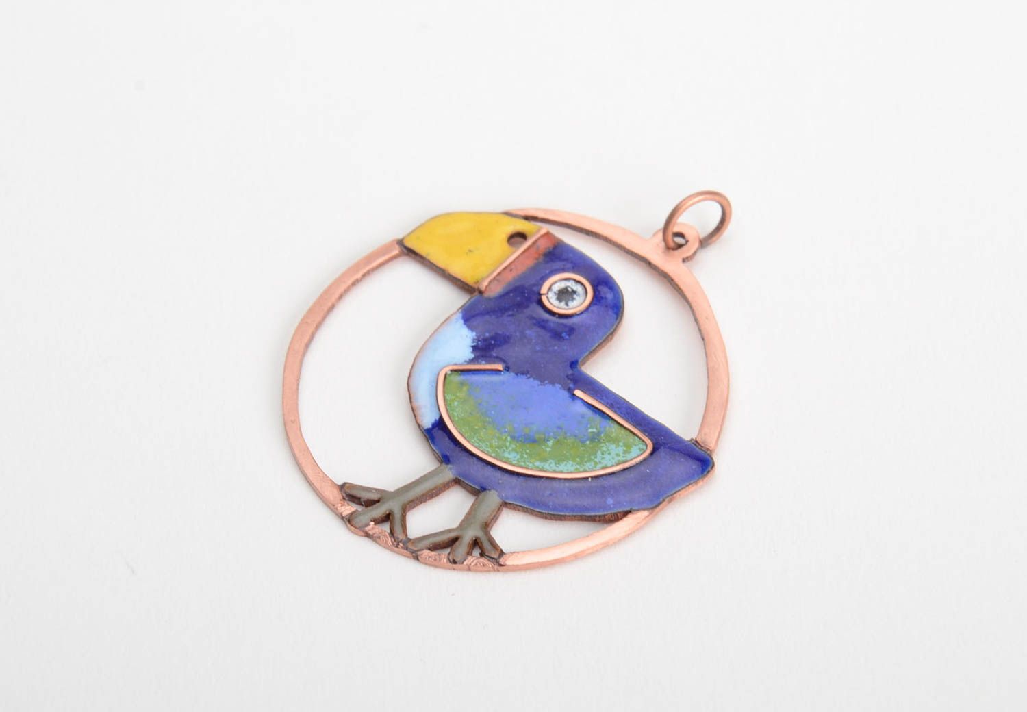 Handmade copper pendant with hot enamel painting without chain Bird photo 2