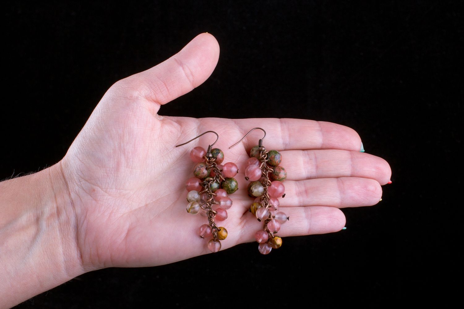Серьги ручной работы серьги из натуральных камней серьги с подвесками розовын фото 5